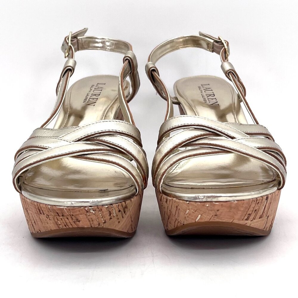 Lauren Ralph Lauren Gold Strappy Cork Wedge Sandals Womens 7.5 Adjustable Strap - Picture 3 of 14